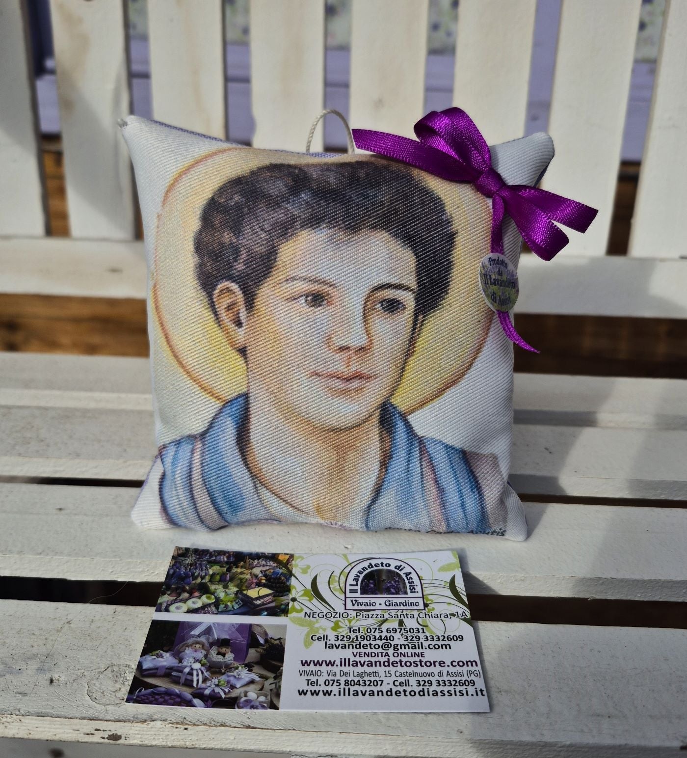 Cuscino con Santo Carlo Acutis, articoli religiosi con Carlo Acutis, il cuscinetto è una riproduzione di un nostro dipinto esclusivo su stoffa, il cuscino misura 12,5x12,