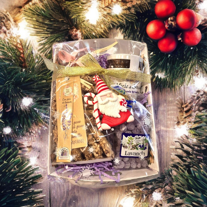 box regalo Natale 2025 con miele alla lavanda biscotti al farro caramelle artigianali idea regalo originale natalizia prodotti artigianali confezione regalo