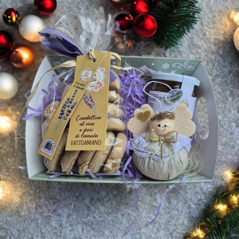 Cesto natalizio, cesti natalizi, cesto natalizio con miele biscotti alla lavanda e angioletto decorativo, cesto Natalizio con prodotti alimentari, cesti natalizi con prodotti artigianali, idee regalo Natale 2025, regali di Natale originali