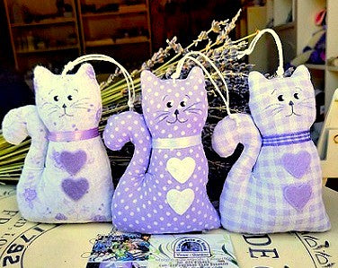 Lavender cat, lavender padded fabric cat in lilac pattern. Scented cats
