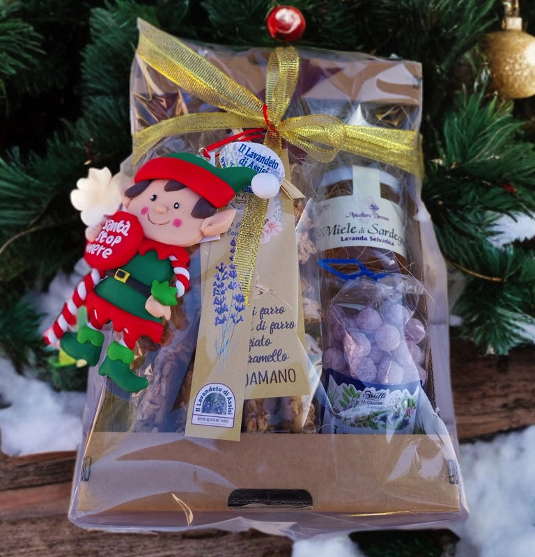 Box regali di Natale originali con miele alla lavanda, biscotti al farro e caramelle artigianali. idee regalo Natale 2026, regali di Natale 2026, regali di Natale originali
