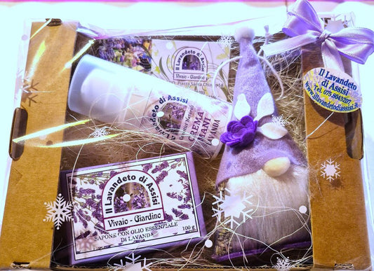 Scatola regalo natalizia. Scatola regalo natalizia con crema mani, saponetta e gnomo alla lavanda, idea regalo di Natale artigianale e profumata fatta a mano ad Assisi